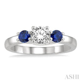 3.50 MM Round Shape Sapphire and 3/8 ctw Past, Present and Future Round Cut Diamond Precious Ring in 14K White Gold